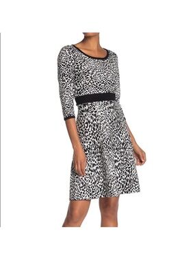 Nina Leonard Black and White Leopard Print knit Dress